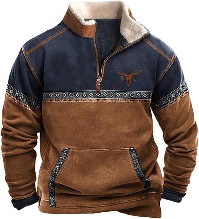 HOTYD Aztec Cowboy Mens Hoodie Vintage Graphic Western Hoodies Casual Long Sleeve 1/4 Zip Pullover Mens Country Jacket