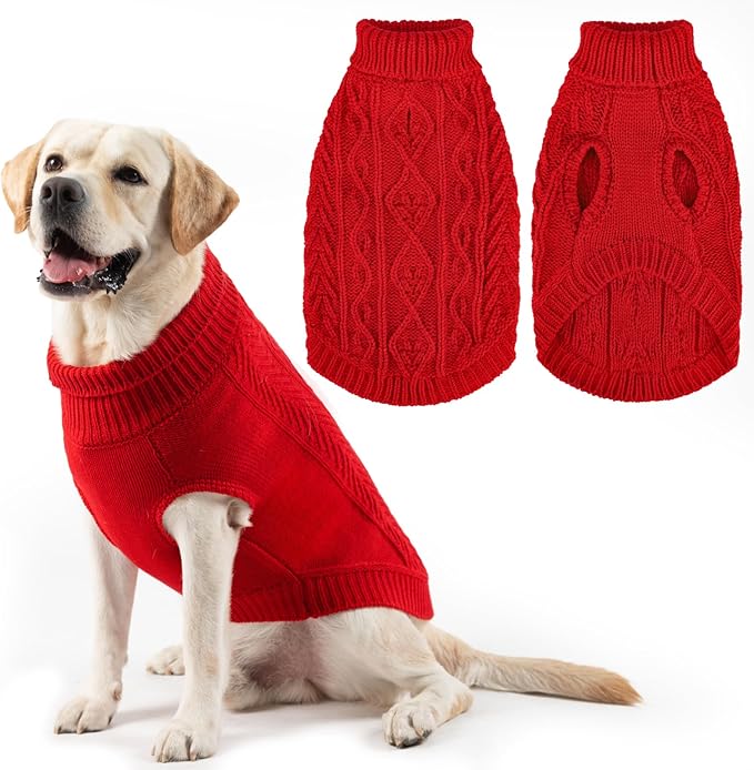 PUPTECK Dog Sweater, Turtleneck Warm Knitted Pullover Coat, Thick Cable Knitwear Clothes in Winter, Pet Apparel Outfits for Large Dogs, for Cold Weather Indoor & Outdoor, Red ML