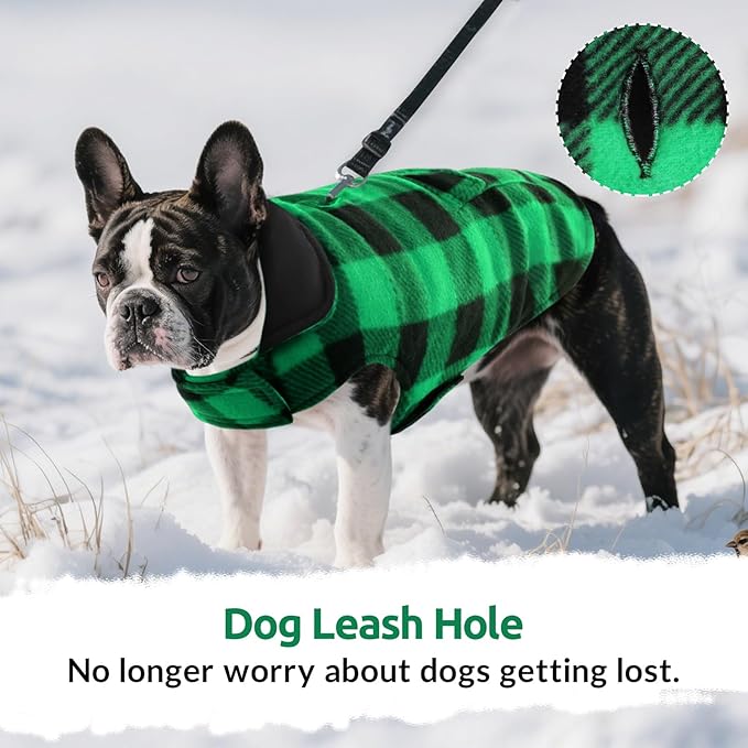 ASENKU Dog Winter Coat, Fleece Doggie Jacket Plaid Reversible Vest Waterproof Windproof Cold Weather Clothes for Small Medium Large Dogs (XS, Green)