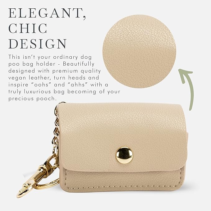 Nina Woof Leather Poop Bag Holder- Versatile Vegan Leather Waste Bag Holder for Dog Poop, Accessories, & Leash, Reusable Pet Waste, Trash, Pet Diaper & Poop Bags Small Pouch Holder (Beige)
