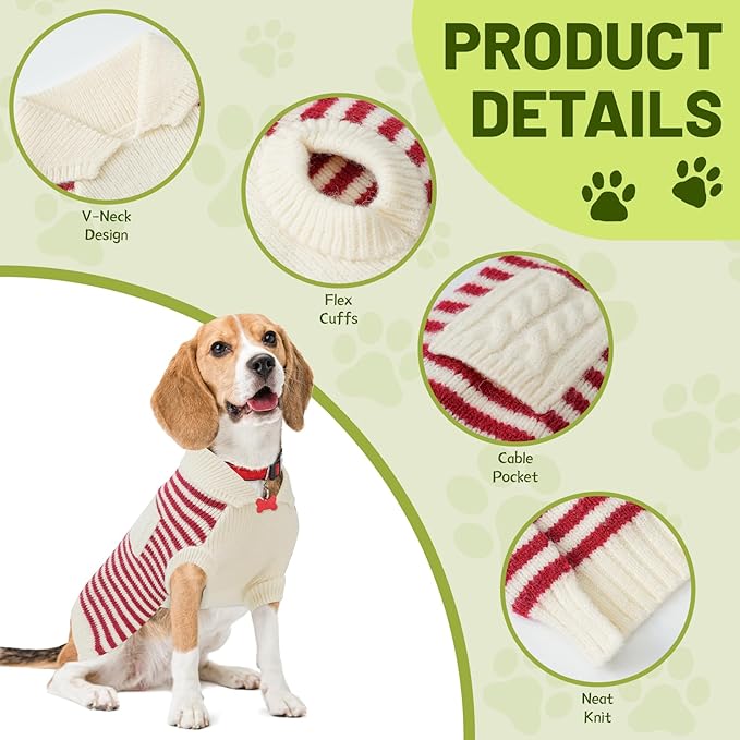 Small Dog Sweater, Knitted Striped Pullover Dog Clothes for Cold Weather, Thick Warm Cozy Stretchy Sweater for Chihuahua, Bulldog, Dachshund, Pug(Red & White Strip, L)