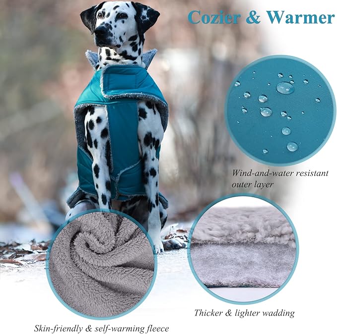 VIVAGLORY Frostfit Dog Coat, Dog Jacket for Winter & Cold Weather, Warm Fluffy Fleece Lined Water Resistant Reflective for Puppy, Coat with Velcro Fastening & Leash Hole, XL, Turquoise