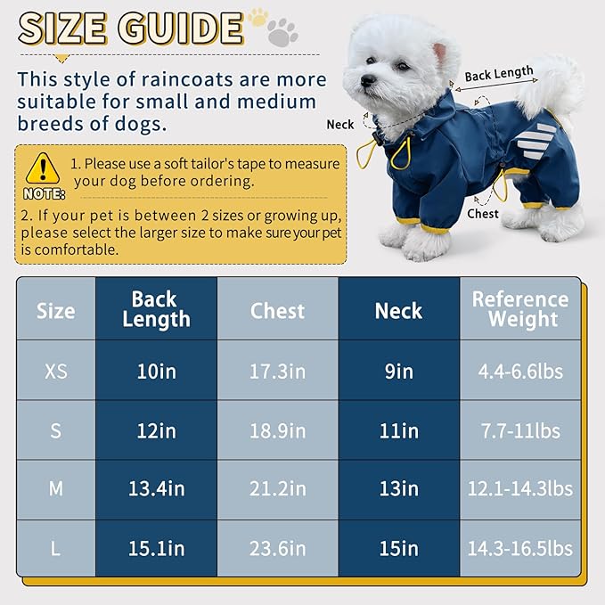 Dog Raincoat, Waterproof Dog Rain Jacket with Hood, Rain Coat with Leash Hole, Reflective Strap for Small Medium Dogs, Lightweight Puppy Clothes(Blue,M)