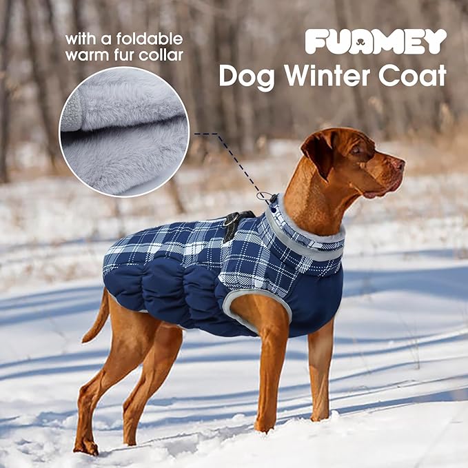 FUAMEY Dog Coat for Small Dogs,Waterproof Dog Winter Jacket with Harness Built in Puppy Cold Weather Coats Reflective Pet Vest with Zipper Warm Fleece Dogs Snowsuit Windproof Blue Plaid XS