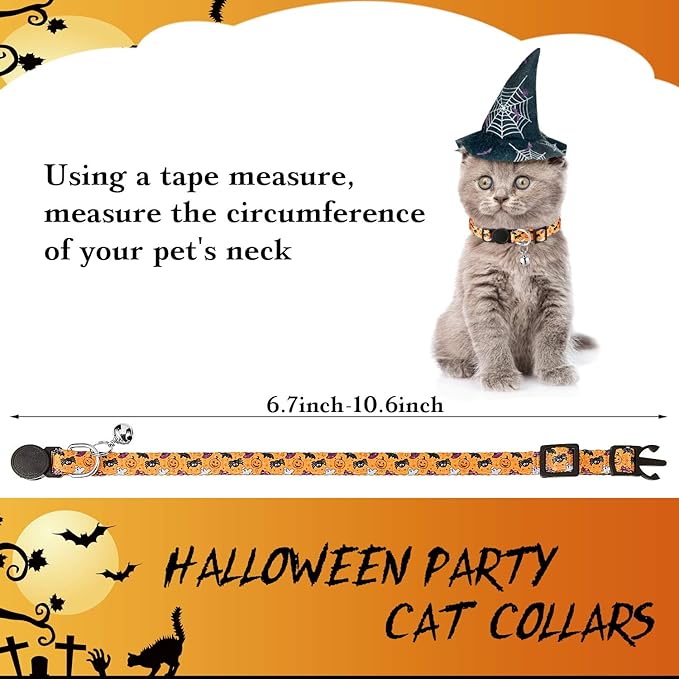 Weewooday 6 Pcs Halloween Cat Collar, Breakaway Cat Collars with Bell, Safety Buckle Soft Adjustable Halloween Pet Collar with Pumpkin Ghost Patterns for Kitten Kitty Pet Supplies Christmas Party
