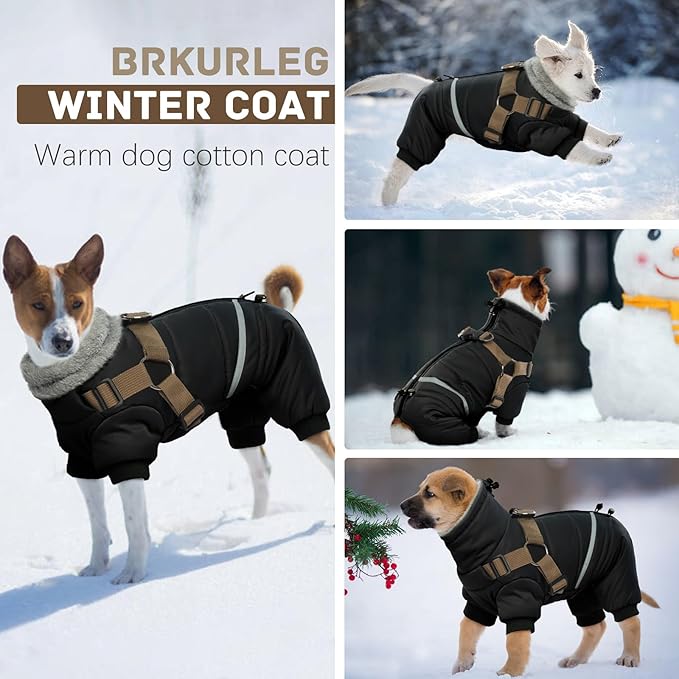 BRKURLEG Black Dog Coat with Harness, Dog Winter Jacket, Dogs Onesie Body Warm Jackets, Small Medium Dogs Winter Coats Reflective Windproof Warm Cold Weather Coats, Pet Waterproof Jacket Hiking XXL