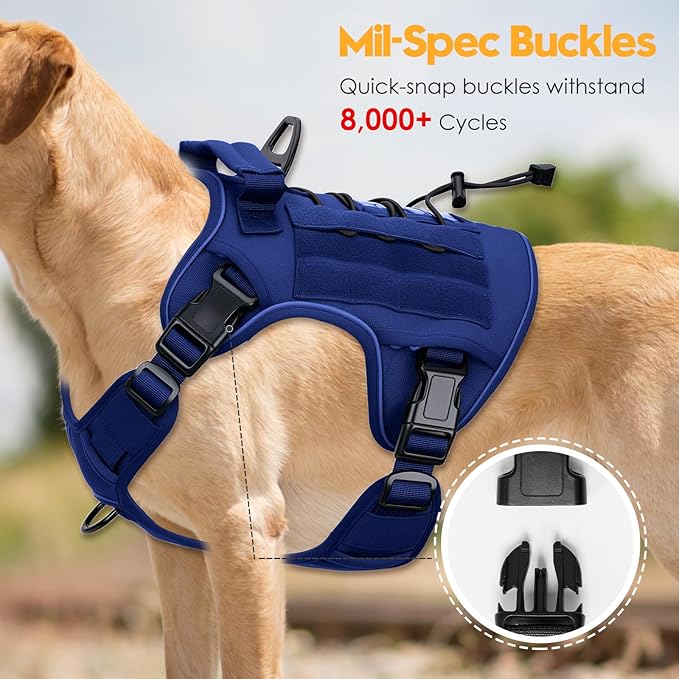 Heavy-Duty Tactical Dog Harness for Large Dogs, No Pull Adjustable Reflective Pet Vest with Molle System, K9 Military-Grade Control for Service Training, Outdoor & 10+ Breeds, Dazzling Blue, XX-Large