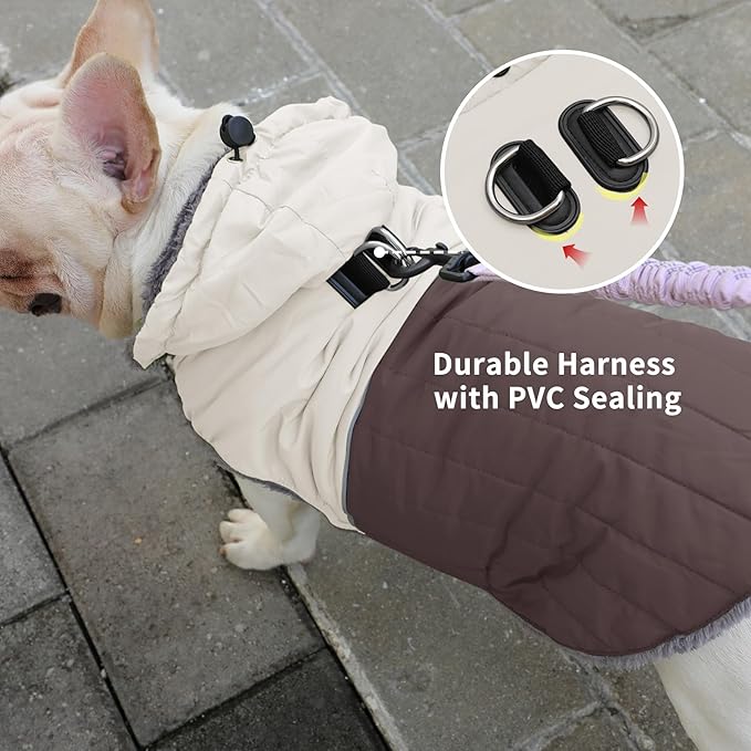 Detachable Hooded Dog Coat with Harness for Small Dogs,Super Warm Fleece Puppy Jacket for Cold Winter Doggie Coats,Brown XS