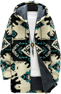 Mens Aztec Print Hoodie Heavyweight Cotton Fleece Jacket Zip Up Warm Long Sleeve Hooded Winter Midi Coat