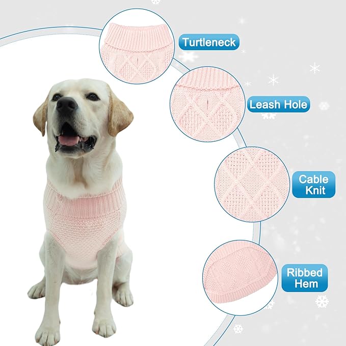 Mihachi Turtleneck Dog Sweater - Winter Coat Apparel Classic Cable Knit Clothes with Leash Hole for Cold Weather, Ideal Gift for Pet in New Year Rosy Medium