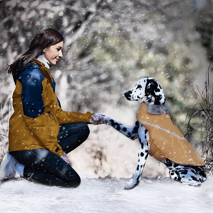 VIVAGLORY Snowrap Dog Coat, Jacket with Harness Hole & Velcro Closure, Dog Coat for Winter & Cold Weather, Fluffy Warm Fleece Lined Reflective Water Resistant for Puppy, L, Khaki