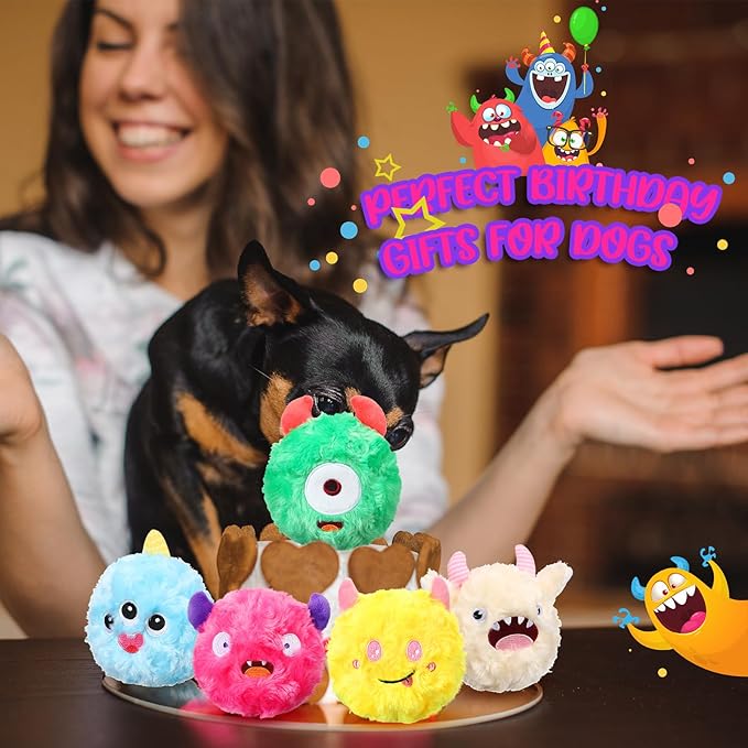HyDren 8 Pack Soft Squeaky Dog Ball Toys 2 In1 Fuzzy 4" Dog Balls with Squeakers Plush Funny Puppy Ball Bulk Small Dog Valentine Toys Monster Dog Chewers for Small Medium Puppy Dog Pet (Cute)