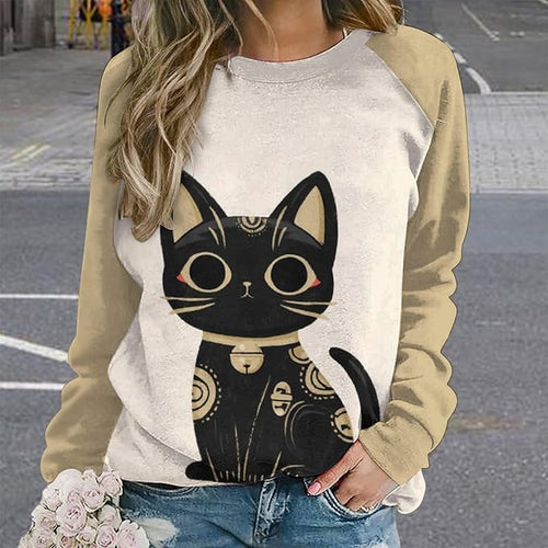 Abstract Cute Cat Shirts for Women Long Sleeve Lady Crewneck Pullover Sweatshirt Fall Winter Oversized Tops