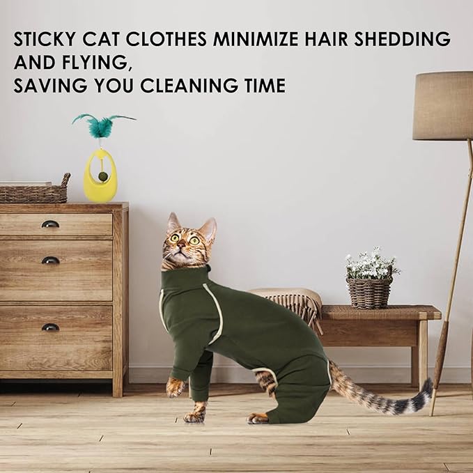 Cat Onesie with Legs - Army Green, XS - Cat Hair Sticky Onesie, Sphynx Cat Clothes, Cat Pajamas for Cats, Recovery Suit for Female Cats, Prevents Hair Loss Kitten Pajamas Costumes Outfits
