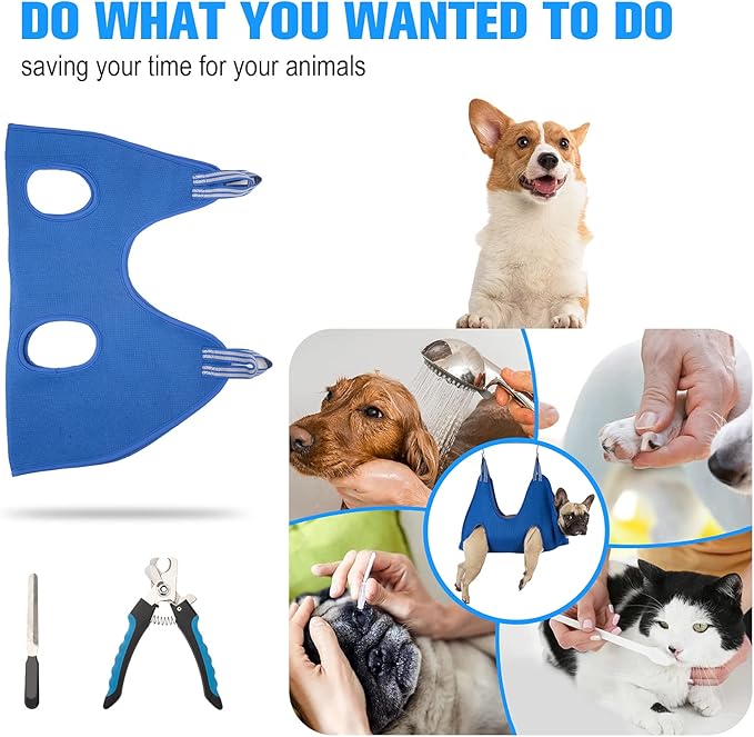 10 in 1 Pet Grooming Hammock Harness with Nail Clippers/Trimmer, Nail File, Comb,Dog Nail Hammock, Dog Grooming Sling for Nail Trimming/Clipping (XXL/Under 120lb, Blue)