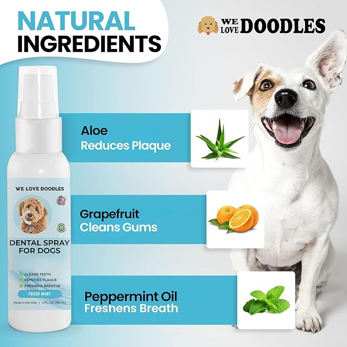 We Love Doodles Dog Dental Spray | Dental Solutions Plaque & Tartar Control Spray | Natural Oral Care Dog for Healthy Teeth & Gums, Freshens Breath Spray | 4oz