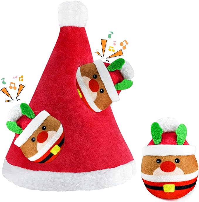 Christmas Squeaky Dog Toys - 4 Pack Hide and Seek Dog Toys - Plush Toys Christmas Hat for Puppy, Small, Medium Breeds