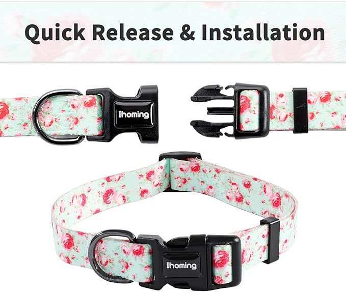 Ihoming Dog Collar and Leash Set for Daily Outdoor Walking Running Training, Floral GreenLake Design for Small Boys Girls Dogs Cats Pets, S-Up to 20LBS