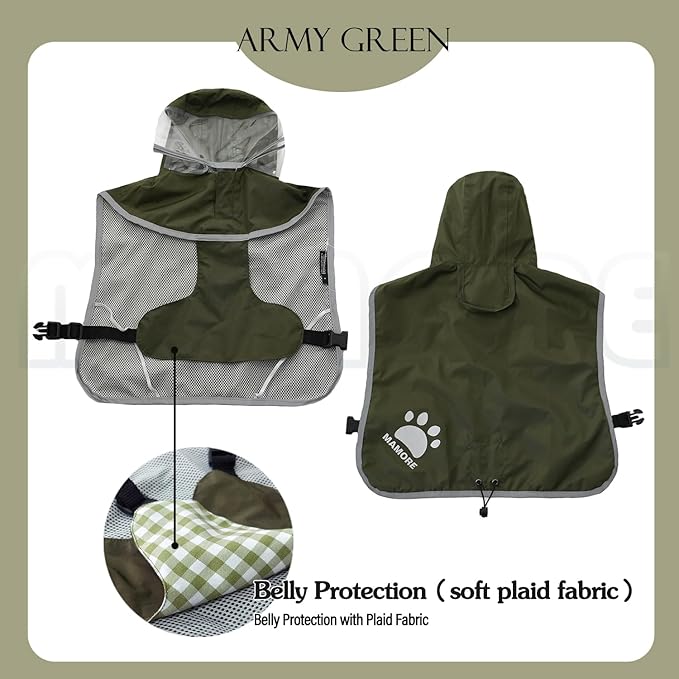 MAMORE Dog Raincoat Hooded Rain Jacket for Small Medium Large Dogs Slicker Poncho Bottom Waterproof Adjustable Reflective Breathable Leash Hole (Army Green, X-Large)
