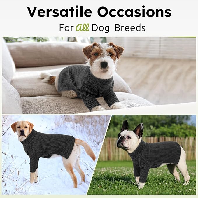 Queenmore Turtleneck Long Sleeve Knitted Dog Sweater With Check Pattern, Fall Winter Warm for Small Medium Large Dogs, Solid Pull-on Pet Sweater for Cats, Charcoal Gray 3XL