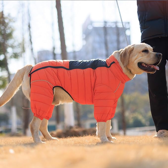 Lovelonglong Dog Coat Dog Warm Jacket, 4 Legs Covered Waterproof Windproof Reflective Warm Dog Vest, Zippered Adjustable Outdoor Dog Snow Jacket for Small Medium Large Dogs Orange XXXXL