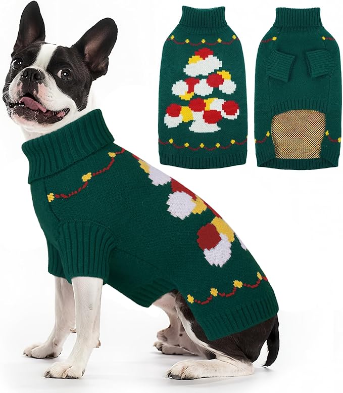BRKURLEG Dog Sweaters, Christmas Dog Sweaters, Medium Large Dogs Warm Sweater for Cold Weather, Pullover Sweater Xmas New Year, Winter Knitted Sweatshirt Outfit for Boston Terrier, Beagle (Green, L)