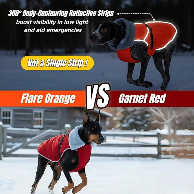 Insulated Relaxed Fit Dog Winter Coat with Full-Body Reflective Strip, Hard Shell Pet Jacket for Outdoor, Waterproof Coats for Large Dogs, Soft Fur Collar Jacket for Labrador Male Female(Orange, 2XL)