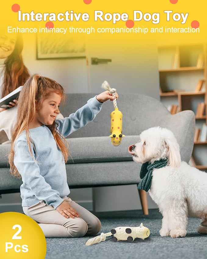 Dog Squeaky Toys Rope Toys Rubber Dog Chew Toy for Small & Medium Dogs for Boredom, Teeth Cleaning, Tug of War Toy (2 Pack)
