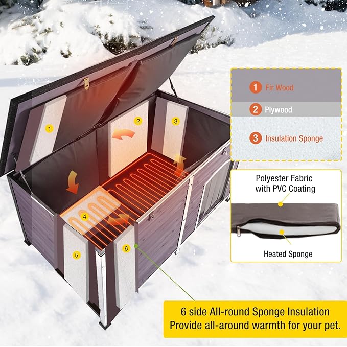 Aivituvin Outdoor Heated Dog House 59" Extra Large Insulated Dog Kennel with Insulation Liner & Heating System for Winter,All-Around Iron Frame Cage,Grey