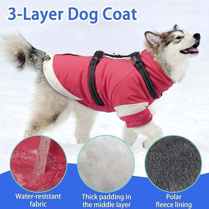 MIGOHI Dog Coat with Harness Built in, 2-in-1 Water-Resistant Dog Jacket, Thermal Fleece Lined Coat with Reflective Strips for Medium Dogs, Zip Up Closure, French Bulldog, Pink, M