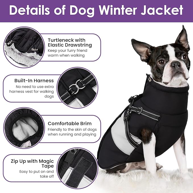 SUNFURA Dog Winter Coat, Waterproof Dog Coat Jacket with Harness for Medium Dogs Boys Girls, Reflective Fleece Lined Pet Snow Jacket Sweaters for Pug, Jack Russel, Boston Terrier, Black M