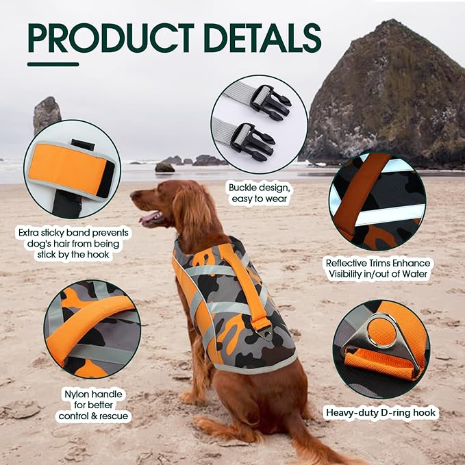 Kuoser Adjustable High Visibility Dog Life Vest, Ripstop Dog Lifesaver Pet Life Preserver with High Flotation Swimsuit, Reflective Stripes for Small Medium & Large Dogs