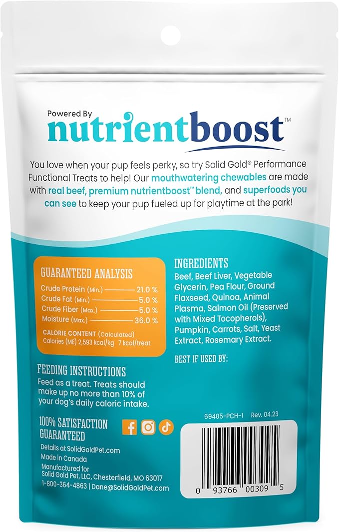 Solid Gold Healthy Dog Treats - Functional Beef Soft Dog Treat w/Salmon Oil & Superfoods for Gut Health & Performance for Active Dogs - Healthy Training Treats for Dogs of All Ages & Sizes - 5.2oz