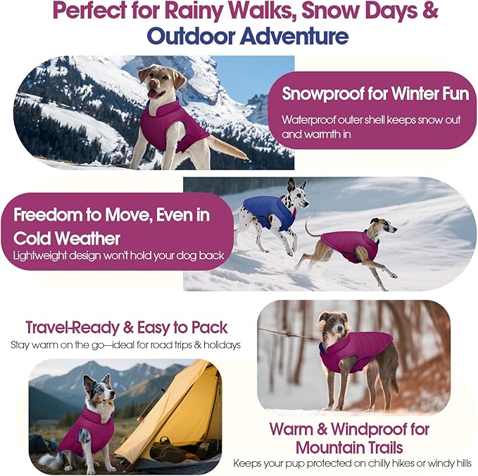 QBLEEV Reversible Dog Winter Coat, Waterproof Windproof Dog Jacket with Adjustable Fit & Leash Hole, Lightweight Warm Puffer Vest for Large Breeds, Purple, 2XL – Fits Labrador, Husky, Weimaraner