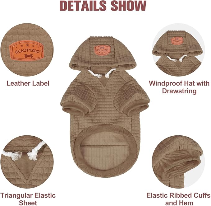 BEAUTYZOO Small Dog Hoodie Sweater with Pockets, Dog Clothes for Small Medium Dogs Boy Girl, Waffle-Like Laminated Cotton Pet Coats with Hat and Leash Hole, Khaki XS