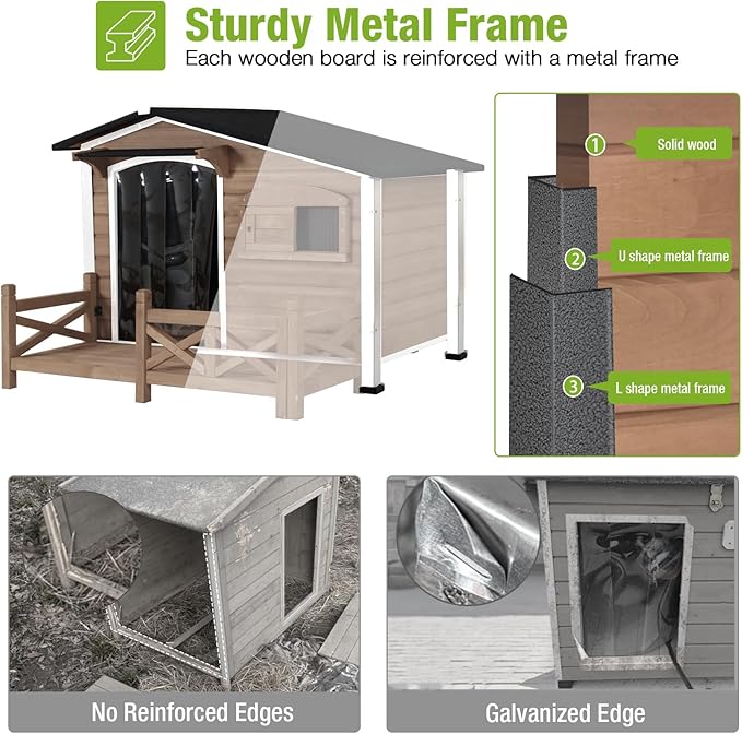 GUTINNEEN Heated Dog House Outdoor Dog Kennel with Safe Heated Pad, Chew-Proof Metal Frame and Rotating Food Bowl for Small to Medium Dogs, 44.6" L x 41.1" W x 32.9“H (Dark Brown)