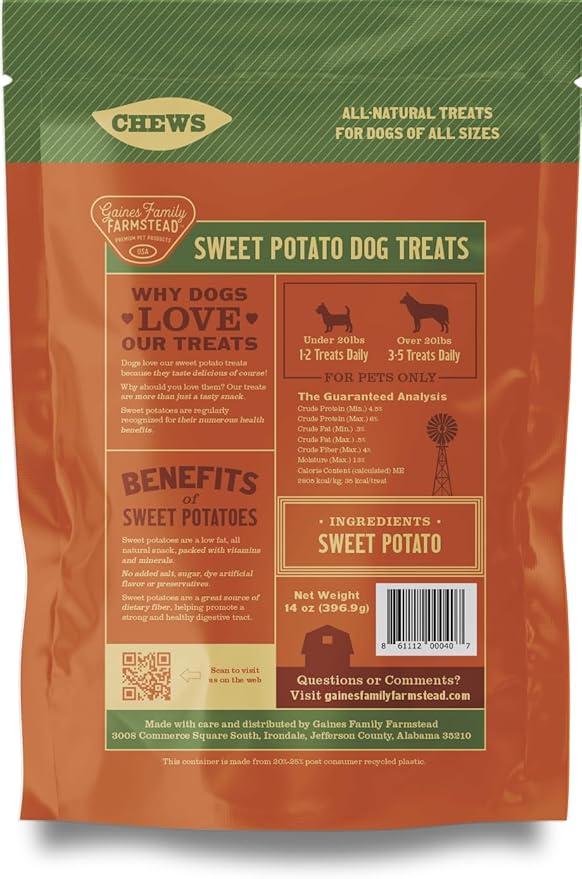 Gaines Family Farmstead Sweet Potato Chews for Dogs - 8 oz Bag, Single Ingredient, Dehydeated Sweet Potato Dog Treats, High Fiber, Grain-Free, Rawhide Alternative, Vitamin-Rich, Made in USA