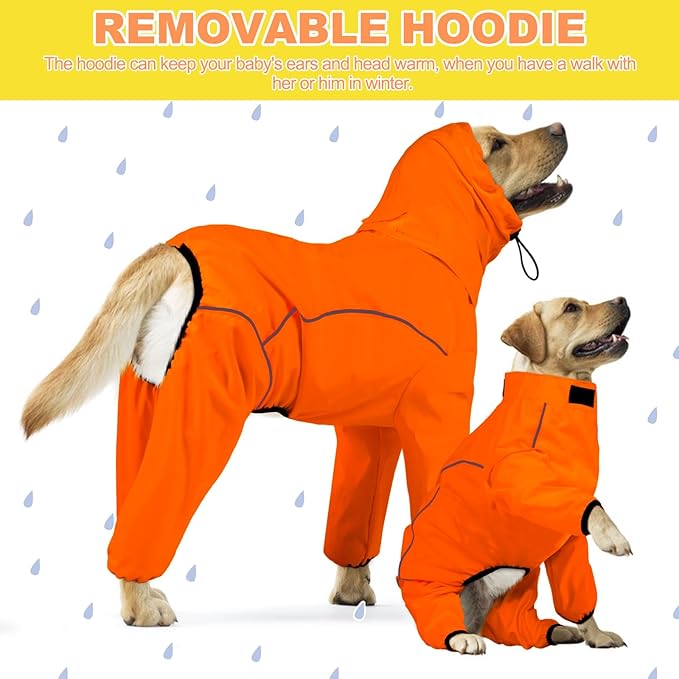 Dog Raincoat, Waterproof Dog Rain Jacket with Removable Hood，Adjustable 4 Legs Pet Poncho with Leash Hole，Reflective Stripe Hooded Snowproof Windproof Clothes for Small to 3X-Large Dogs, L