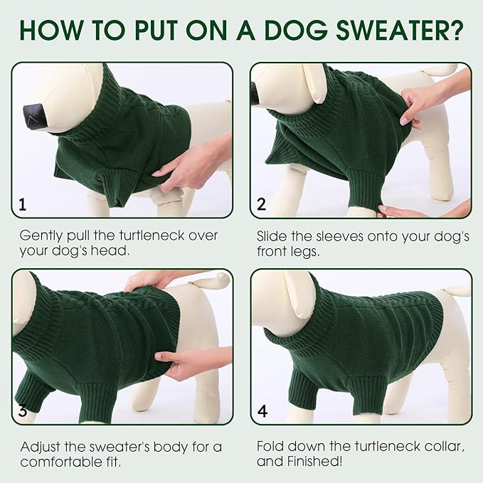 Dog Sweaters for Small Dogs Classic Turtleneck Dog Christmas Sweater Thick Warm Pullover Male Puppy Pet Stretch Knitwear Fall Winter Clothes with Leash Hole(Green, XS)
