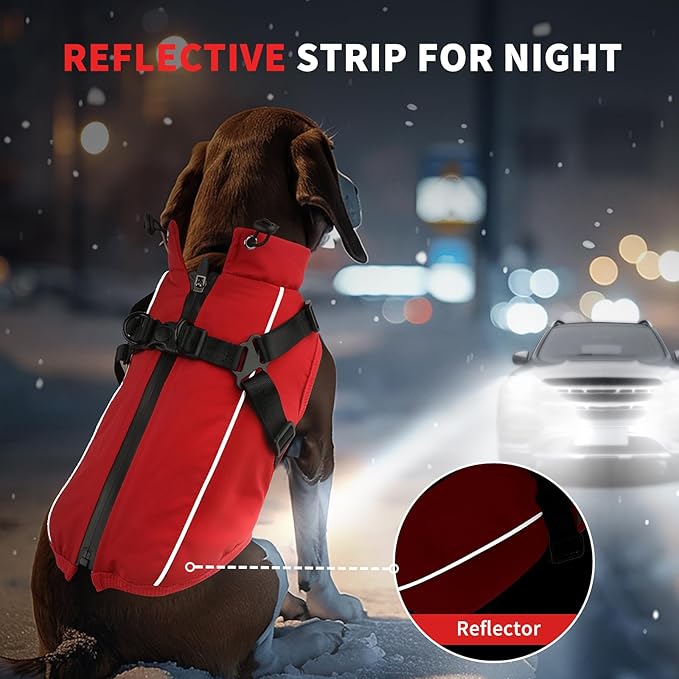 Dog Winter Coat Reflective Water-Resistant Jacket, Fleece Lined Windproof Puppy Coat with Back Zipper & D-Ring, Cold Weather Dog Coats for Small Medium Large Dogs (S, Red)