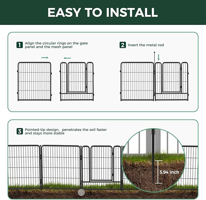 FXW Garden Fence Outdoor for The Yard – 50in(H) x 31.3ft(L) Heavy Duty Metal Animal Barrier for Dog and Rabbit, Decorative Dog Fence, 12 Panels, Black