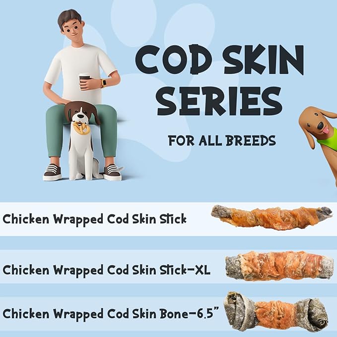 ASMPET Dog Cod Skin Treats, Chicken Wrapped Cod Skin Knotted Bones, Rawhide Free Dog Treats Chews Bones, Extra Large