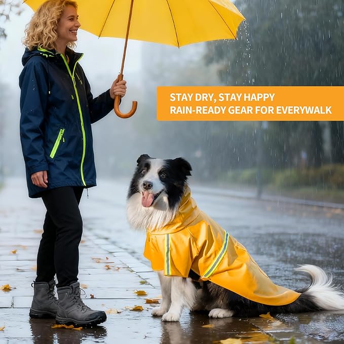 Dog Raincoat, Waterproof Windproof Dog Rain Jacket Adjustable, Rain Coat with Leash Hole, Reflective Strap Raincoat Poncho for Small Medium Large Dogs Outdoor (Reflection-Yellow, Large)