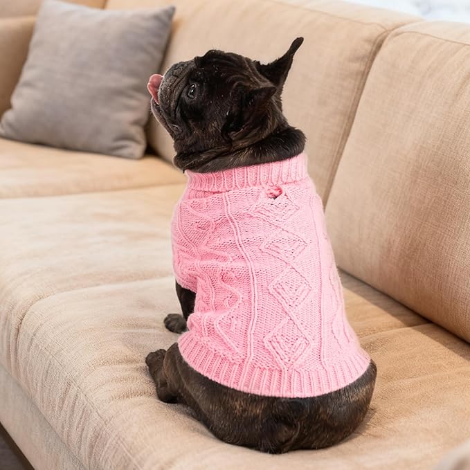 PUPTECK Dog Sweater, Turtleneck Warm Knitted Pullover Coat, Thick Cable Knitwear Clothes in Winter, Pet Apparel Outfits for Small Medium Dogs, for Cold Weather Indoor & Outdoor, Pink XS