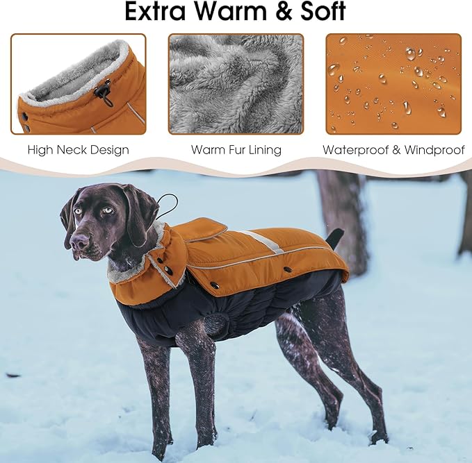 Queenmore Waterproof Dog Coat for Small Dogs,Reflective Windproof Dog Jackets with Leash Hole,Winter Dogs Coat with Zipper On Back,Warm Snowsuit with Fleece Lining（Brown,XS