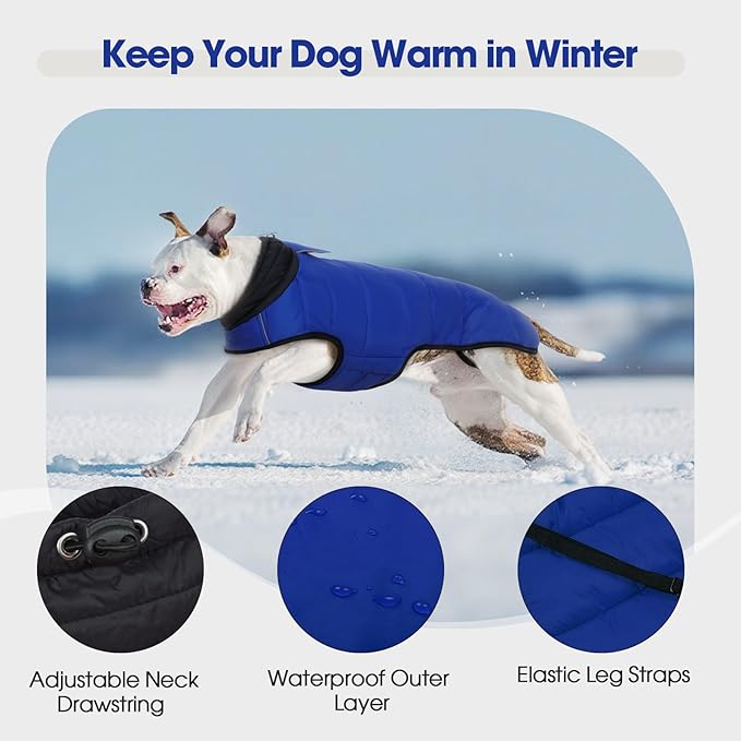 IDOMIK Dog Winter Coat, Warm Waterproof Dog Puffer Jacket with Harness Hole, Adjustable Reflective Snow Jacket Vest with Turtleneck, Pet Cold Weather Coats for Large Dogs,Blue,XL