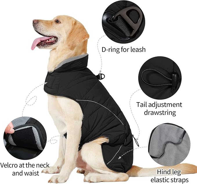 HEYWEAN Dog Winter Coat - Waterproof Windproof Reflective Vest for Medium & Large Breeds Adjustable Warm FleeceLined Jacket with Magic Tape & D-Ring for Leash Cold Weather Apparel (Black, Large)