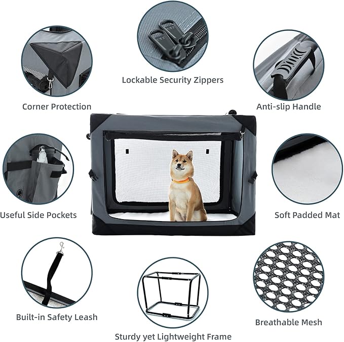 Pettycare 42 Inch Collapsible Foldable Soft Dog Kennel with Chew Proof Mesh Windows, Indoor & Outdoor Travel Dog Crate