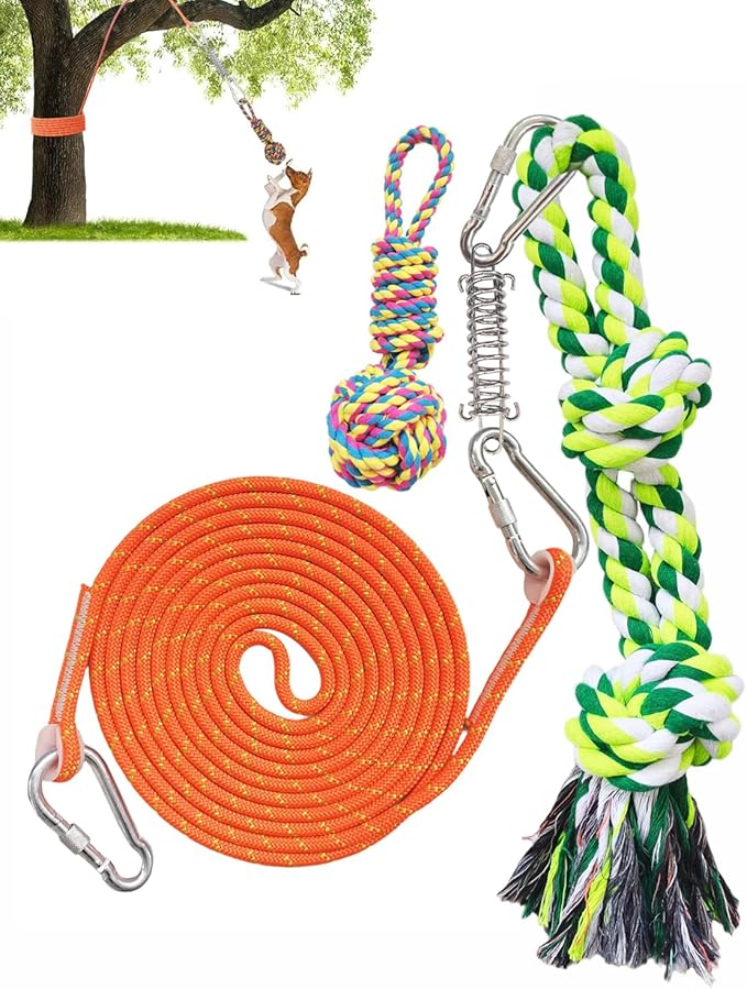 Dog Outdoor Bungee Tug Hanging Toy, Tether Tug of War Toys for Pitbull Small Large Aggressive Chewers Dogs to Exercise Solo Play, Tree Tugger Interactive Tug Toy, Dog Rope Toys
