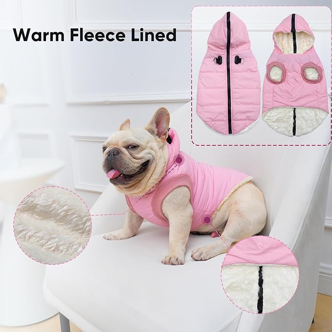 Fleece Lining Dog Hoodie with Harness Built in,Extra Warm Small Dog Jacket in Winter Puppy Coats with Hooded,Light Pink M